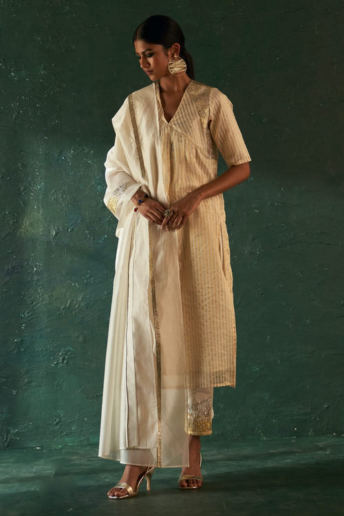 Silk Tissue Stripe Ivory Kurta Set