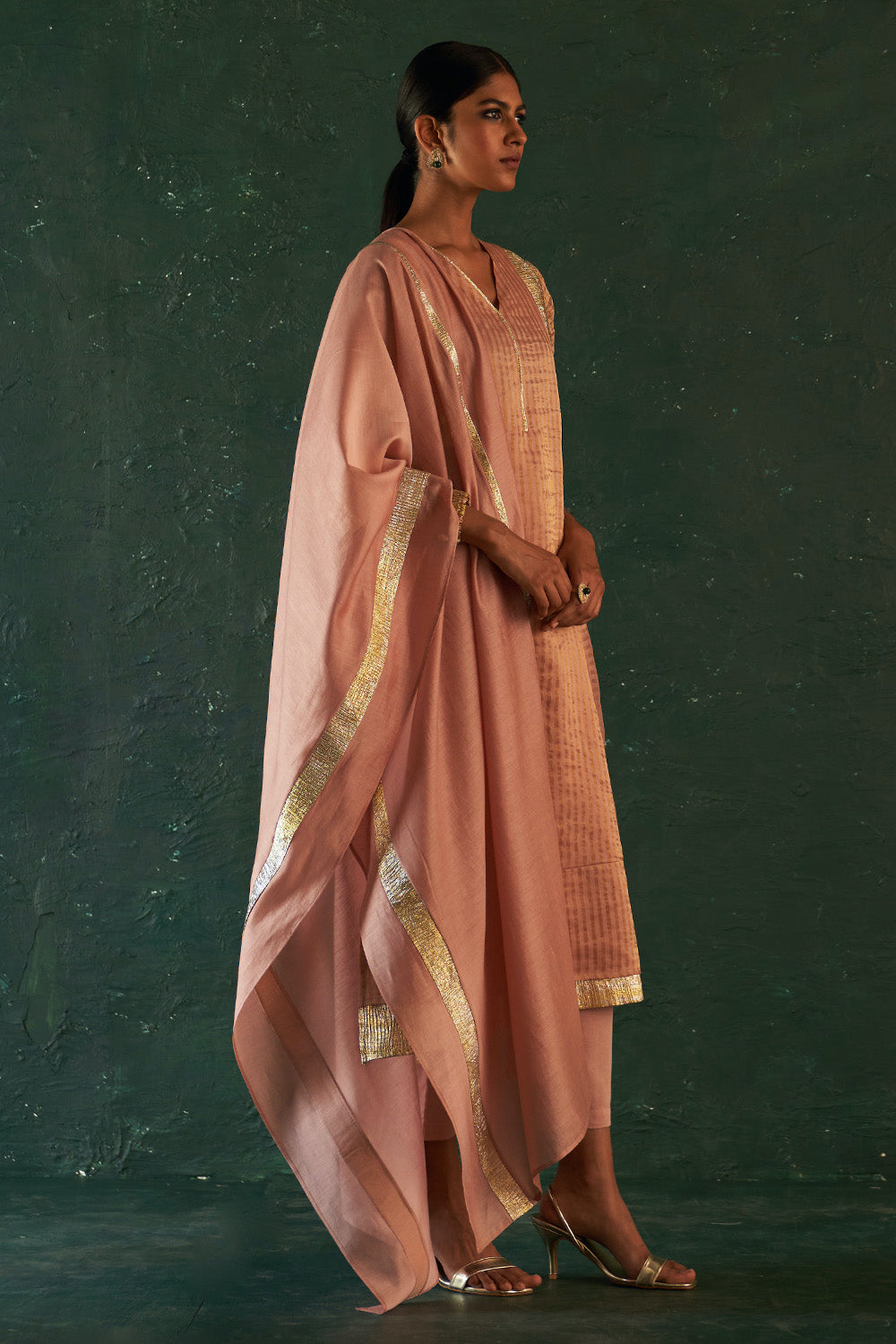 Midas Old Rose Tissue Stripes Kurta Set