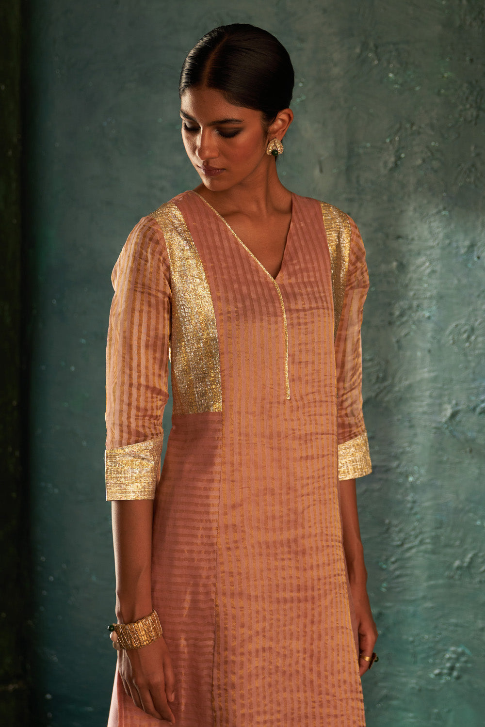 Midas Old Rose Tissue Stripes Kurta Set