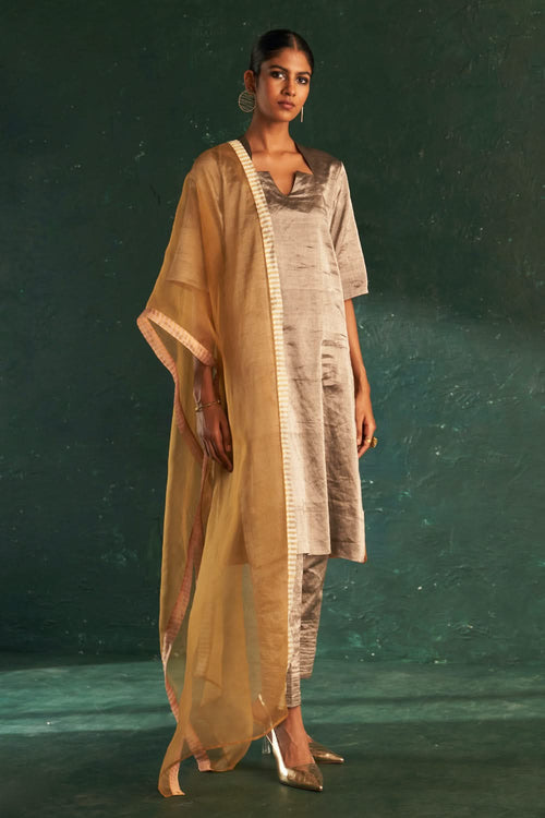 Midas Maple Leaf Neck Gold and Silver Kurta Set