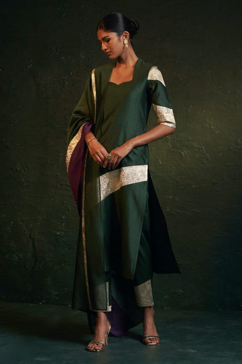 Midas Deep Green Chanderi Sweetheart kurta Set