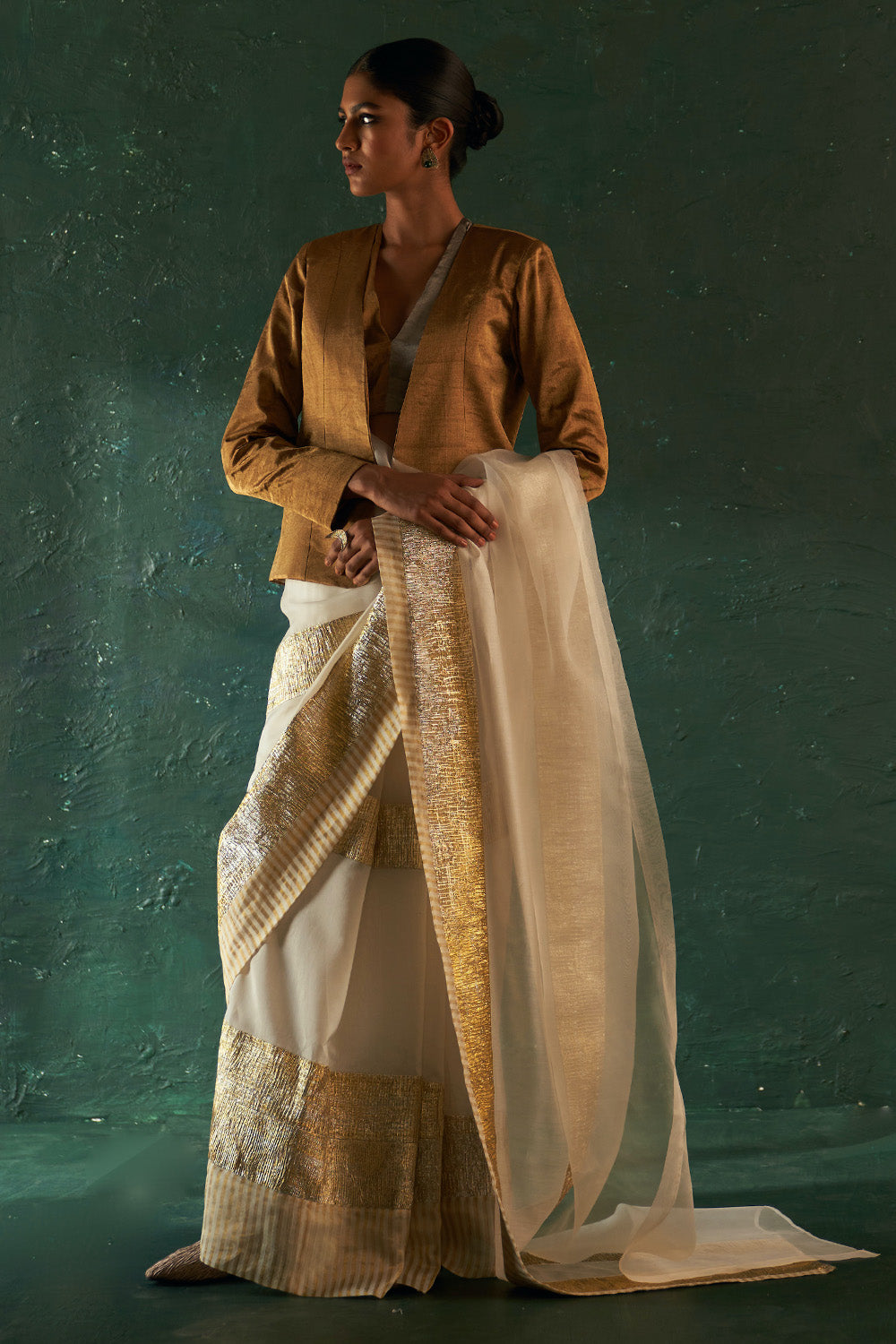 Midas Ivory Saree with Tissue Blouse & Blazer