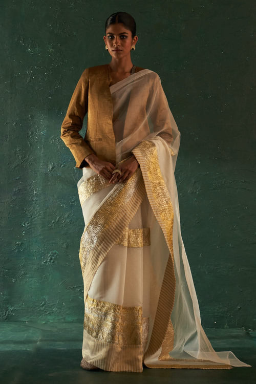 Midas Ivory Saree with Tissue Blouse & Blazer