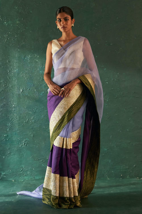 Midas Purple Saree with Ivory Tissue Stripe Blouse