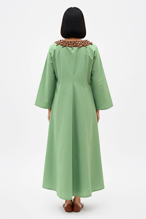 Asparagus Green-Tuscan Red Beaded Collar Maxi Dress