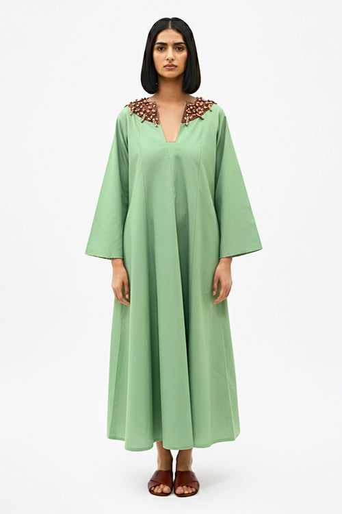 Asparagus Green-Tuscan Red Beaded Collar Maxi Dress
