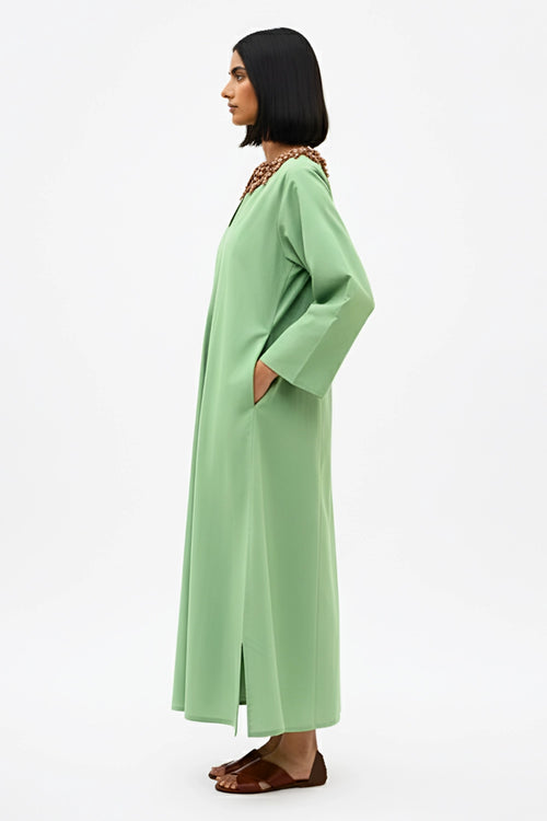 Asparagus Green-Tuscan Red Beaded Collar Maxi Dress