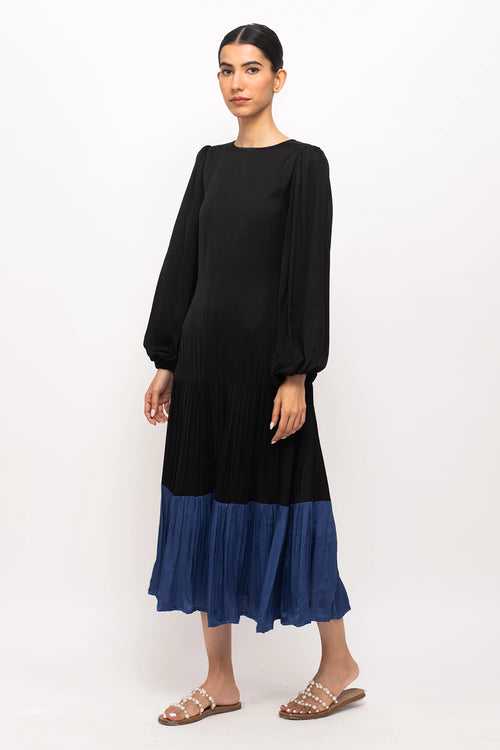Black-Blue Gather Maxi Dress