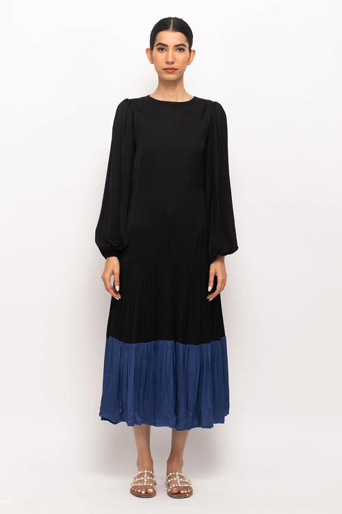 Black-Blue Gather Maxi Dress