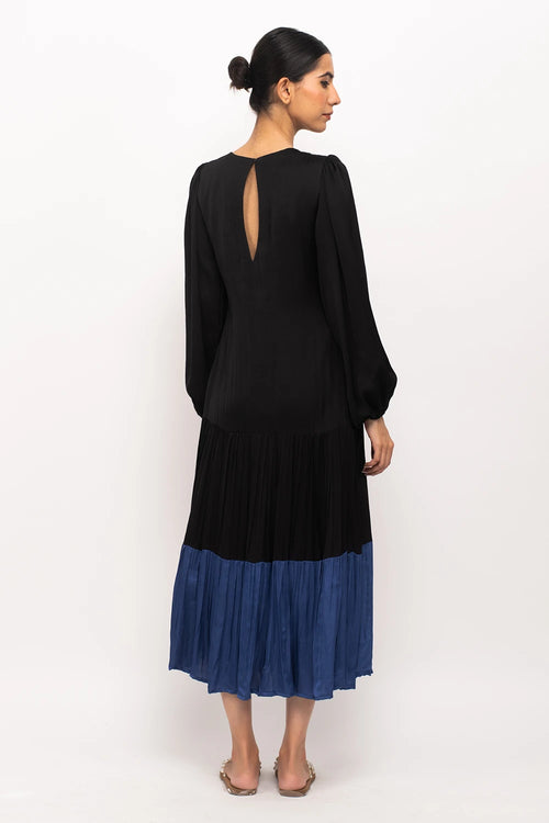 Black-Blue Gather Maxi Dress