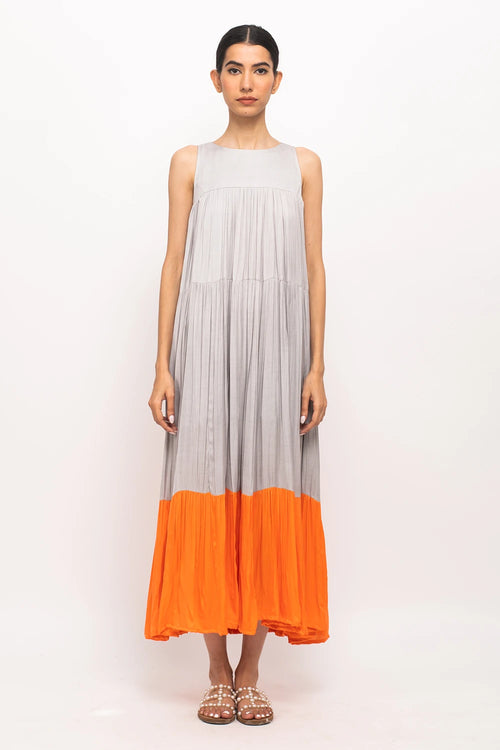 Grey-Orange Halter Neck Dress