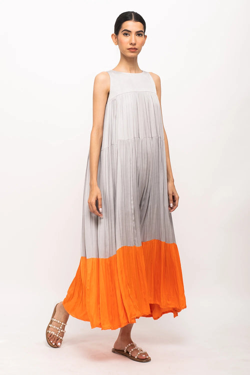 Grey-Orange Halter Neck Dress