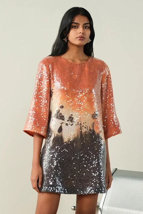 Printed Sequin Sheeted Orange Dress