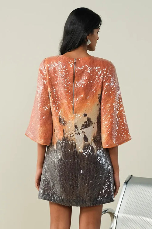 Printed Sequin Sheeted Orange Dress
