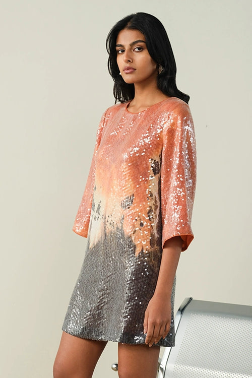 Printed Sequin Sheeted Orange Dress