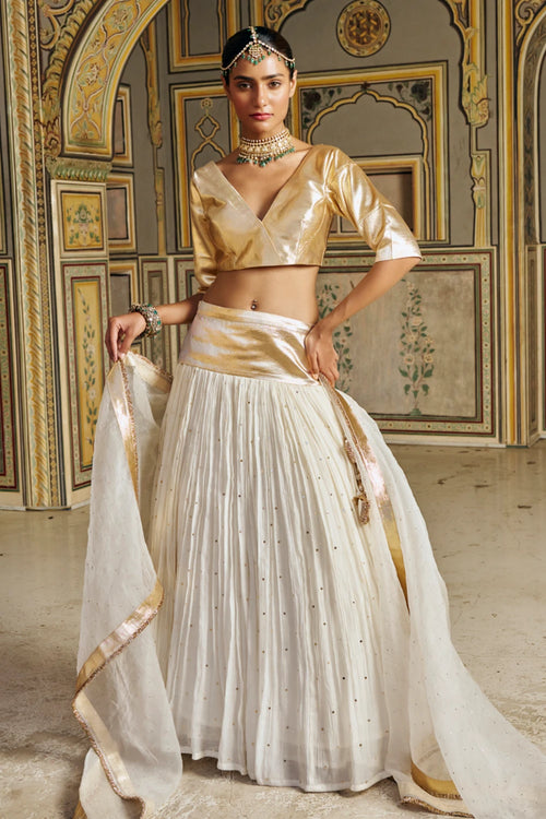 Ivory Golden Zari Mukesh Lehenga