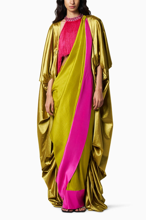 Block Beaded Kelly Green Fuschia Sari