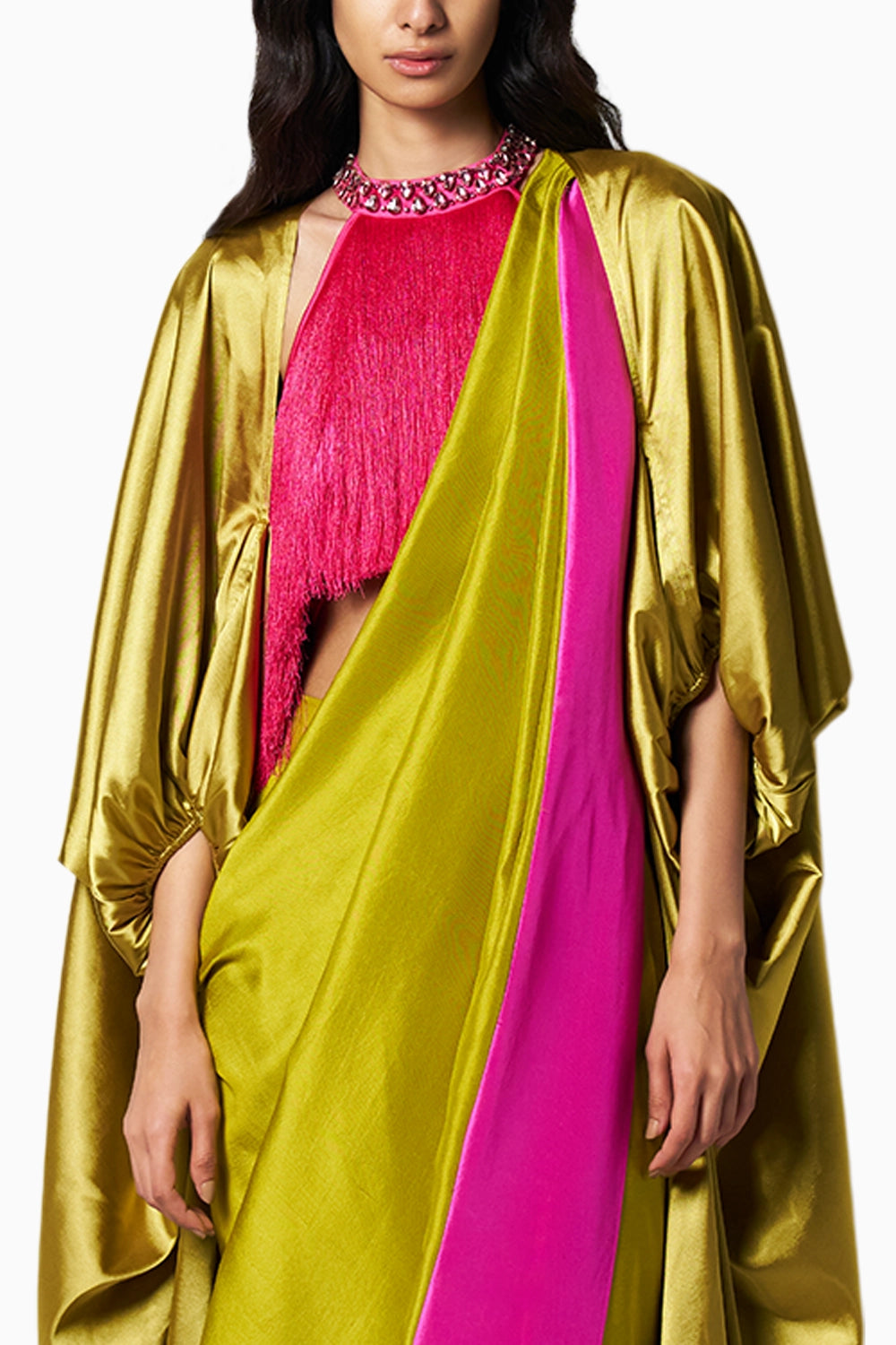 Block Beaded Kelly Green Fuschia Sari