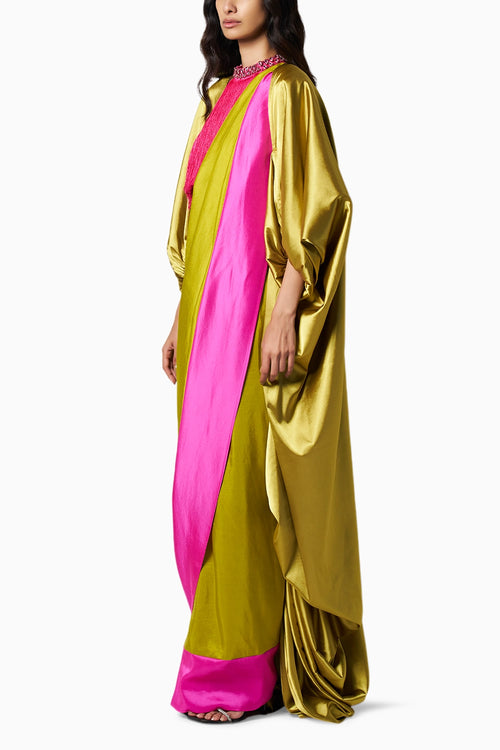Block Beaded Kelly Green Fuschia Sari