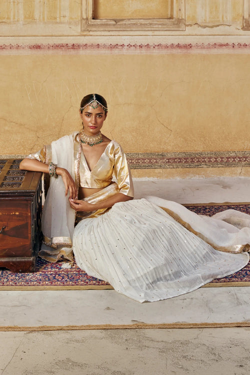 Ivory Golden Zari Mukesh Lehenga