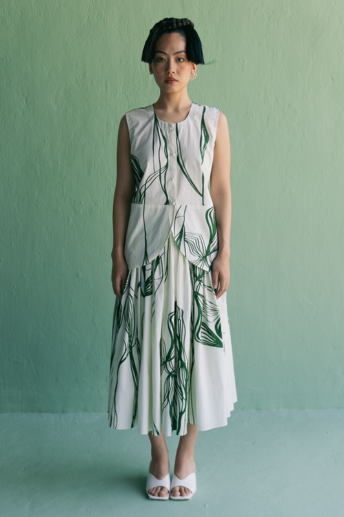 Green Lines Skirt With Waistcoat
