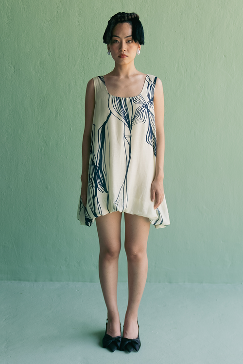 Blue Printed Balloon Dress