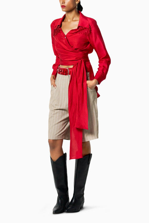 Red Beaded Kim Shirt With City Beige Shorts