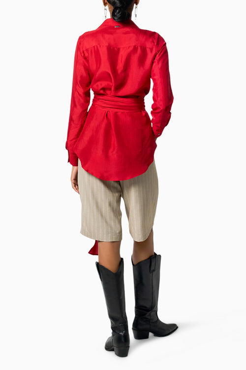 Red Beaded Kim Shirt With City Beige Shorts