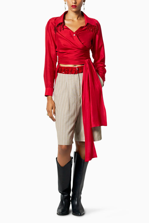 Red Beaded Kim Shirt With City Beige Shorts