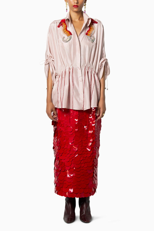 Coral Kimono With Cherry Red Skirt