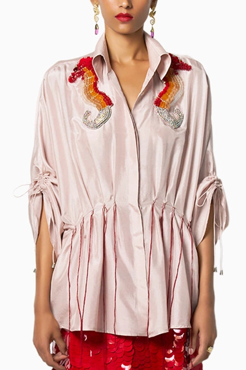 Coral Kimono With Cherry Red Skirt
