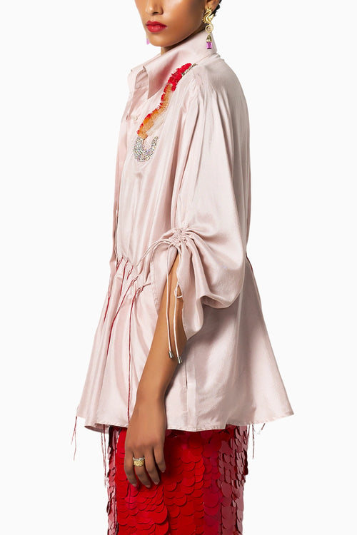 Coral Kimono With Cherry Red Skirt