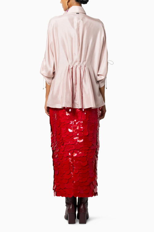 Coral Kimono With Cherry Red Skirt
