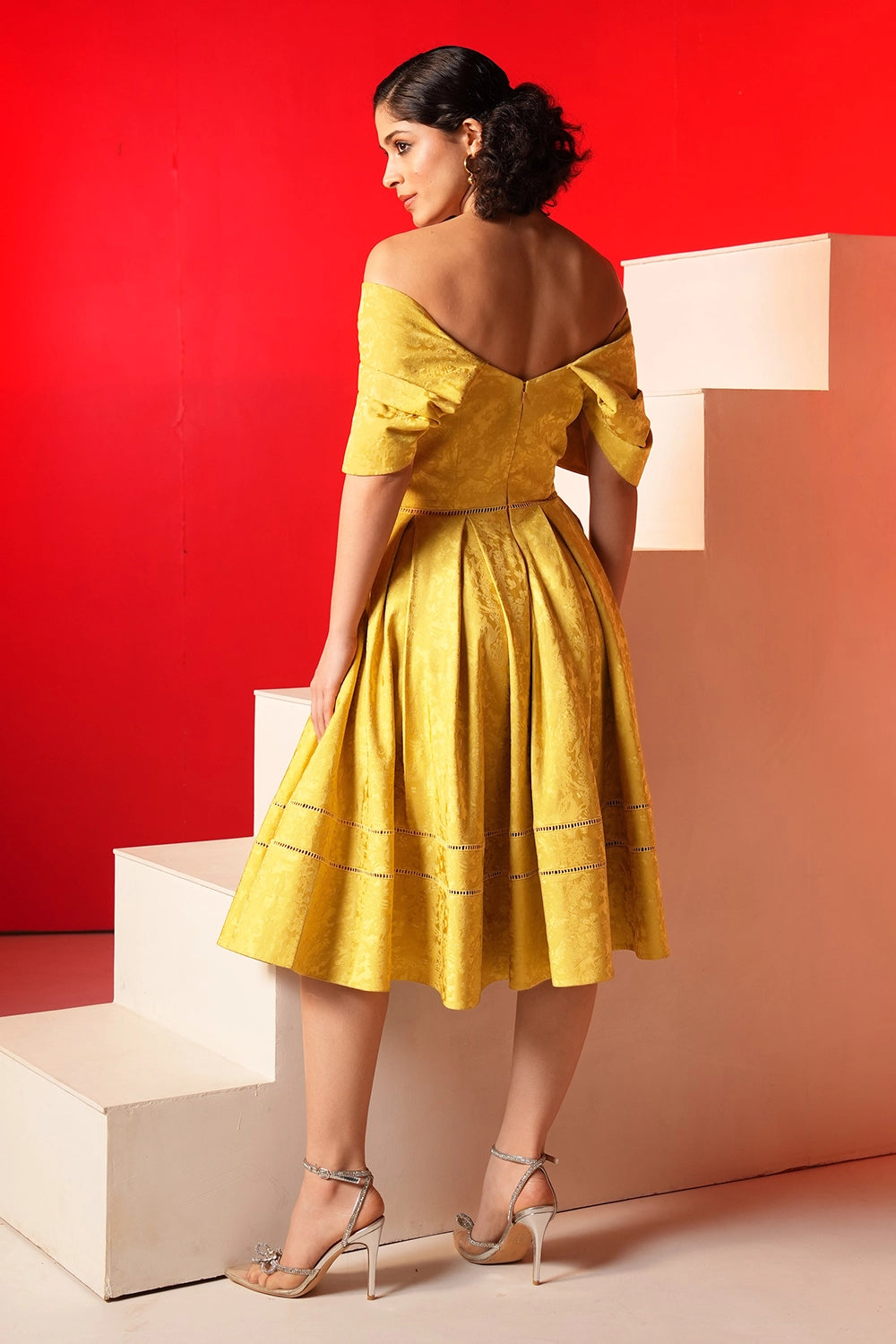 Yellow Jacquard Exaggerated Shoulder Skater Midi Dress