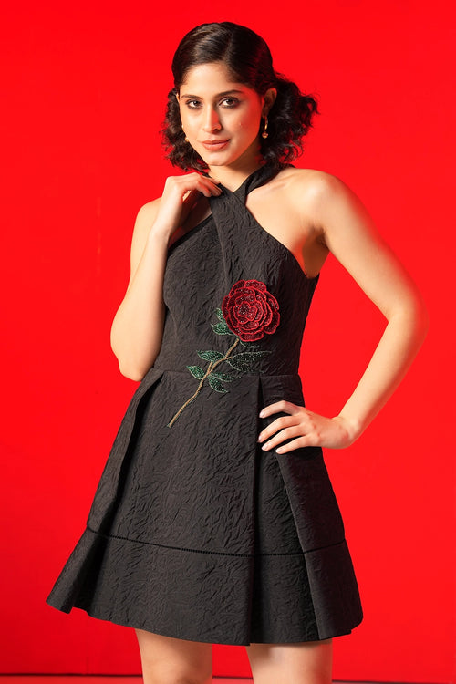 Cross Over Halter Neck Pleated Embroidered Mini Dress