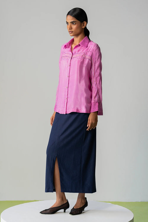 Kimono Line Shirt With Blue Contour Skirt