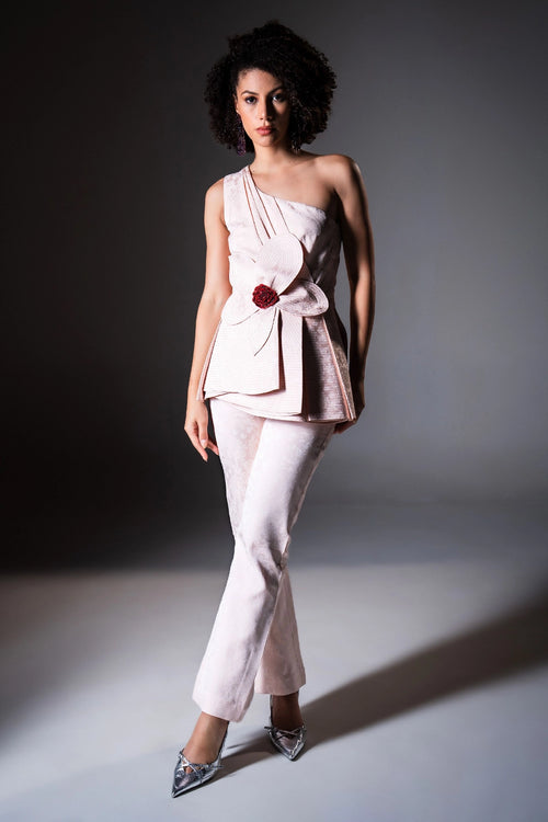 One Shoulder Pleated Pink Asymmetric Top with Pants