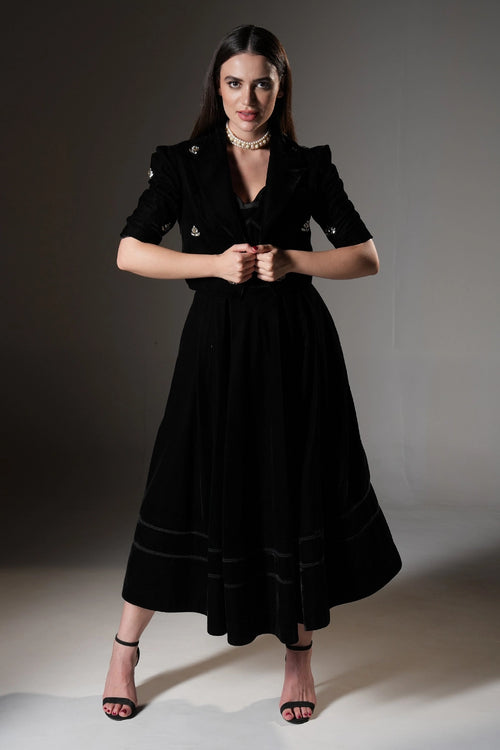 Black A-Line Midi Dress with Embellished Crop Blazer