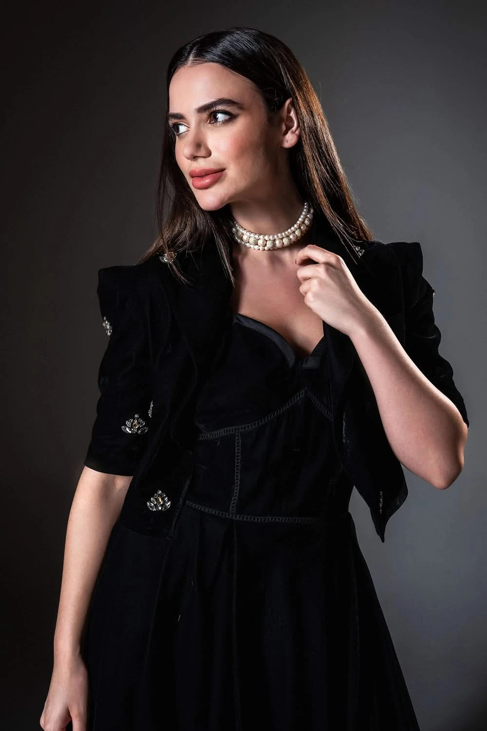 Black A-Line Midi Dress with Embellished Crop Blazer Black A-Line Midi Dress with Embellished Crop Blazer