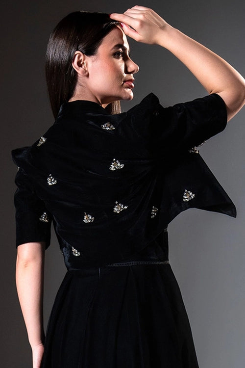 Black Embellished Velvet Crop Blazer