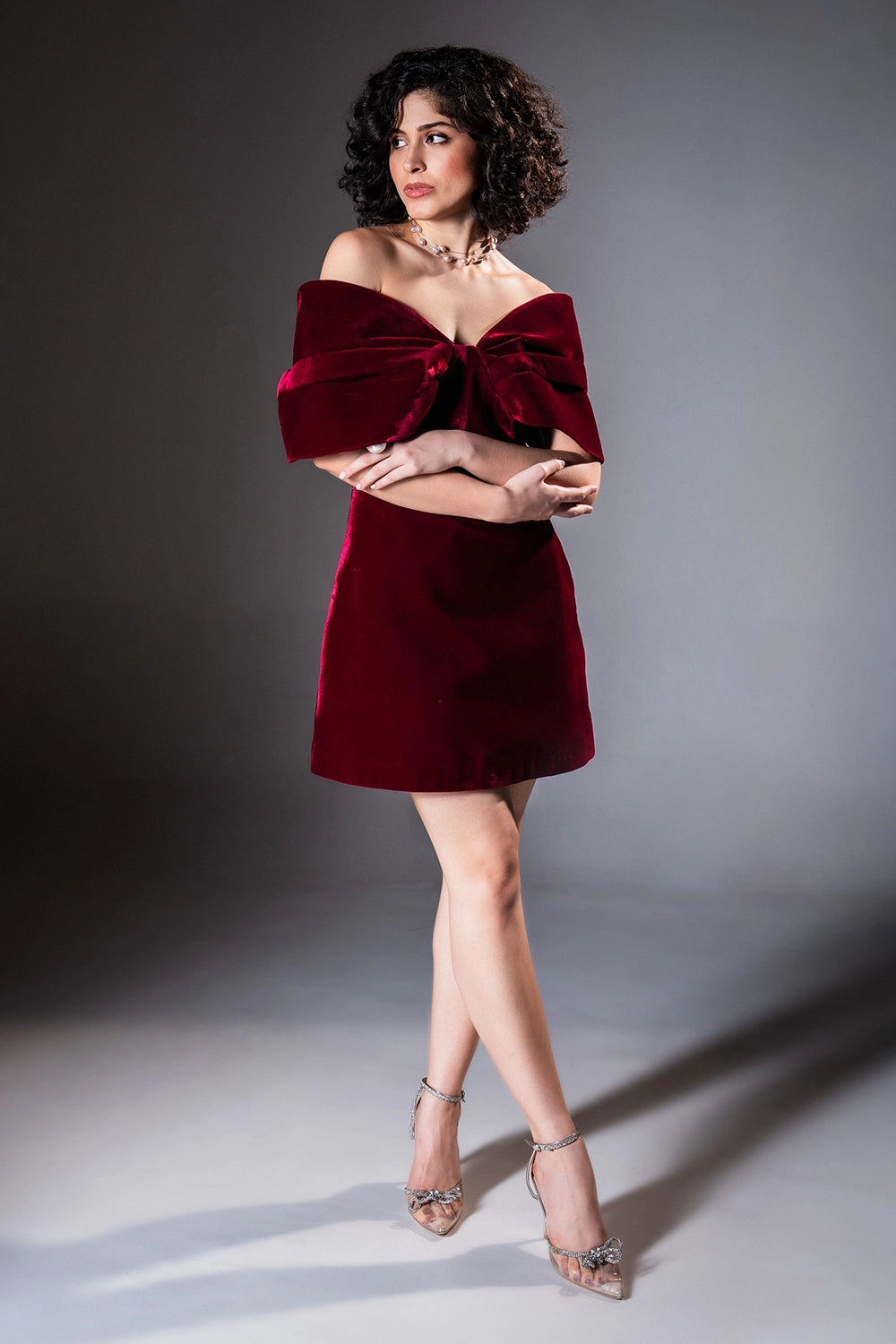 Wine Velvet Exaggerated Shoulder Mini Dress