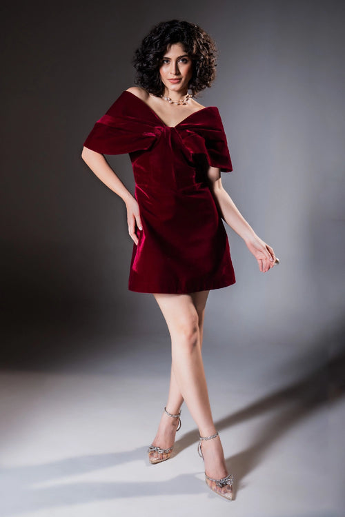 Wine Velvet Exaggerated Shoulder Mini Dress