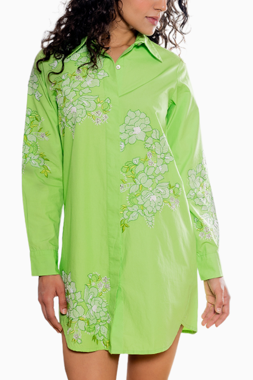 Green Floral Embroidered Shirt Dress