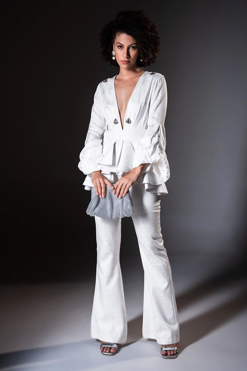 Embossed Silk White Peplum Top with Bootcut Pants