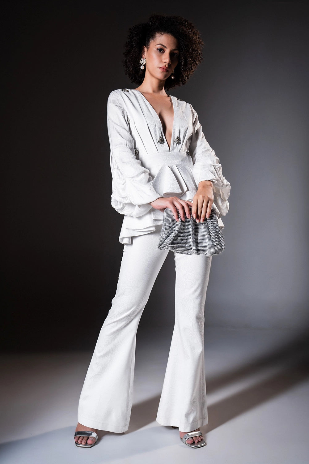 Embossed Silk White Peplum Top with Bootcut Pants