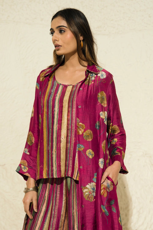Maroon Floral Art Jacket Co-ord Set