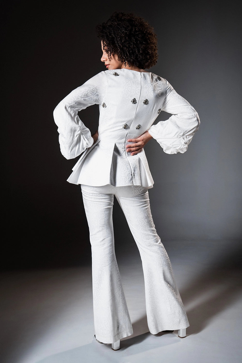 Embossed Silk White Peplum Top with Bootcut Pants