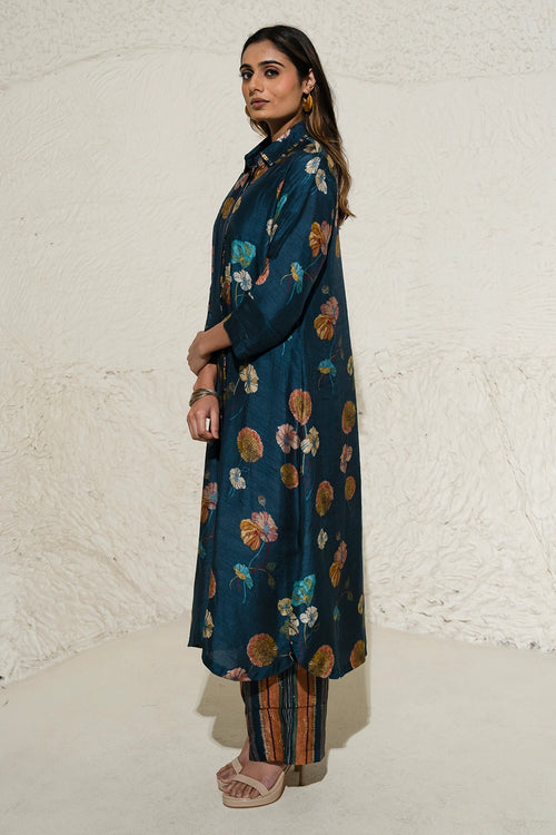 Navy Blue Floral Art Jacket Co-ord Set