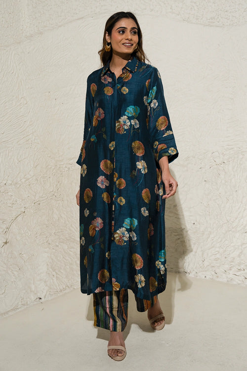 Navy Blue Floral Art Jacket Co-ord Set