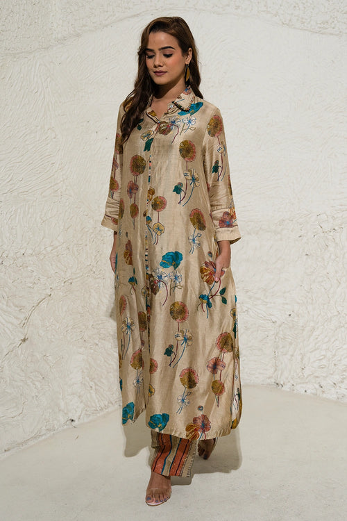 Beige Floral Art Jacket Co-ord Set